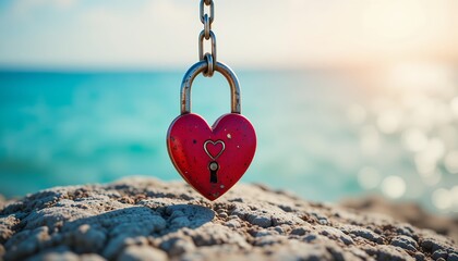 A heart shaped padlock hanging symbolizing love and security by the seaside shore