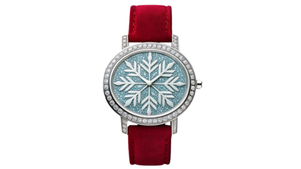 Silver wrist watch with snowflake dial and red strap isolated on white background  
