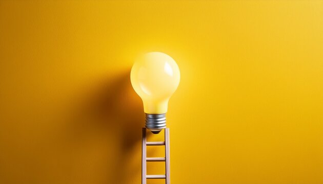 minimalist stock photo of light bulb climbing ladder on yellow background