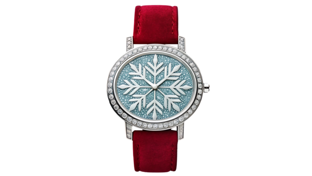 Silver wrist watch with snowflake dial and red strap isolated on white background  
