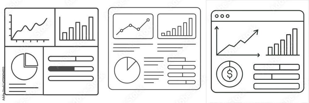 Fototapete set of business analytics dashboard icons with data charts and graphs for financial reporting and us