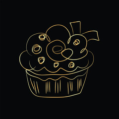 A pink birthday cupcake with a cherry and a lit candle