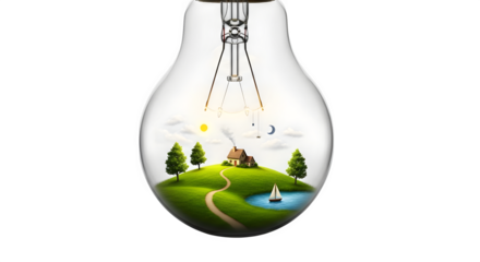 Green surreal illustration shows lightbulb with dreamy countryside. Ideal for eco branding, environment video backdrop, earth day concept, or green energy poster.