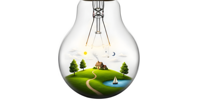 Green surreal illustration shows lightbulb with dreamy countryside. Ideal for eco branding, environment video backdrop, earth day concept, or green energy poster.