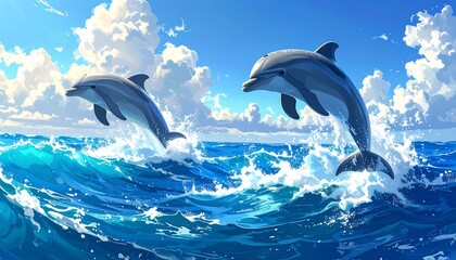Two dolphins leap gracefully above a vibrant ocean, painted in vivid blues and whites, under a sunny sky filled with fluffy clouds.