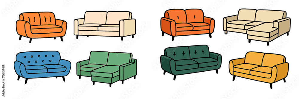 Poster collection of colorful sofas and couches in various styles isolated on a white background for interi