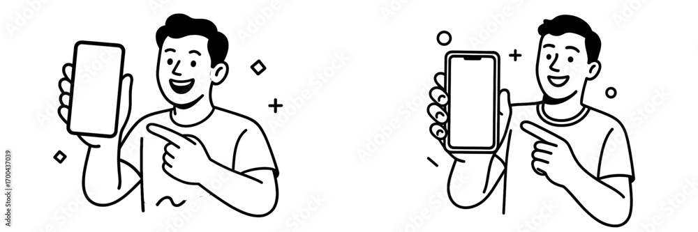 Poster man holding and pointing at a smartphone with a blank screen for mockup or advertisement in a simple