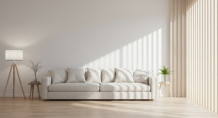 Fototapeta premium Clean Minimalist Walls with Wooden Blinds and a Bright Sunlight Atmosphere