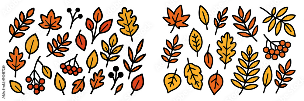 Poster set of colorful autumn leaves and berries in a simple doodle style, collection of fall foliage eleme