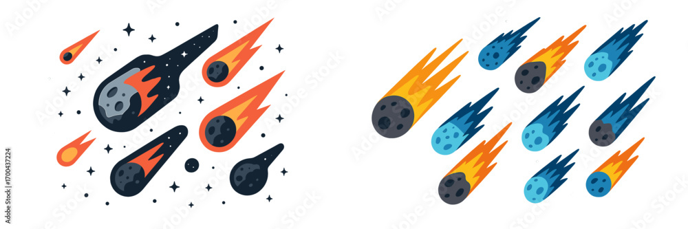 Poster Cartoon comet and asteroid collection with fiery tails falling through space isolated on a white background