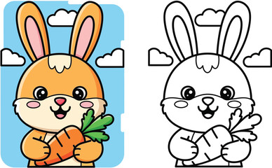 Cute Cartoon Bunny Holding a Carrot - Adorable Hand-Drawn Rabbit with Sweet Expression for Kids and Spring Themes