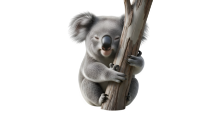Gray koala bear hugs a tree trunk. Product photography, social media, branding.