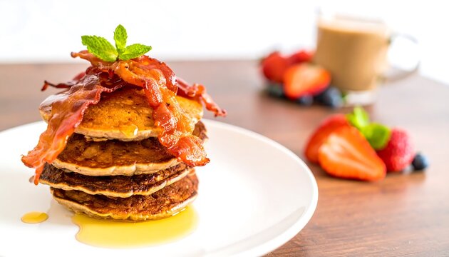 Stacked pancakes topped with bacon and syrup, fresh berries, and mint garnish