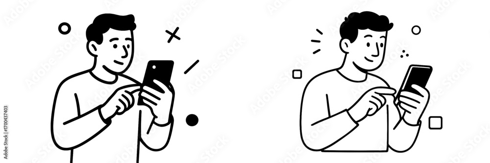 Poster man using a smartphone showing happy and neutral emotions. simple character holding a mobile phone f