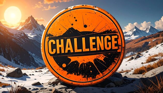 An orange, distressed circular sign reading "CHALLENGE" sits amidst a snowy mountain landscape, highlighting a concept of difficulty and adventure.