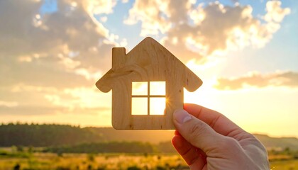 A wooden house silhouette, held against a golden sunset, symbolizes hope and future dwelling.