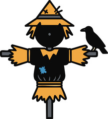 Obraz premium Cartoon Vector Illustration of Scarecrow with Black Crow in Simple Style for Fall Season Designs