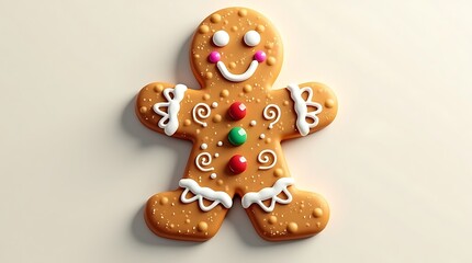 Festive Gingerbread Man Cookie with Colorful Icing on Light Background