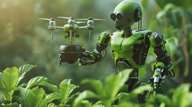 The future of horticulture showcasing an android with drone aiding plant care in lush greenery
