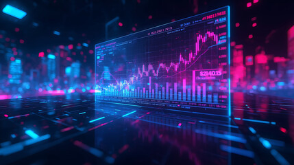 futuristic financial dashboard with glowing stock charts and data visualizations