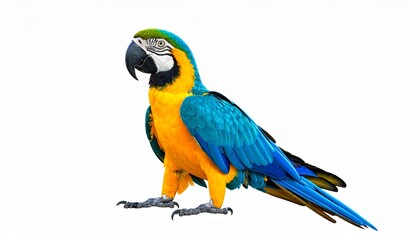 Macaw parrot with bright blue and yellow feathers curved beak tropical exotic bird isolated on white background
