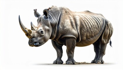 Obraz premium Rhinoceros with thick gray skin large horn heavy body powerful wild animal isolated on white background 