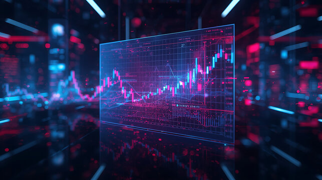 futuristic financial dashboard with glowing stock charts and data visualizations