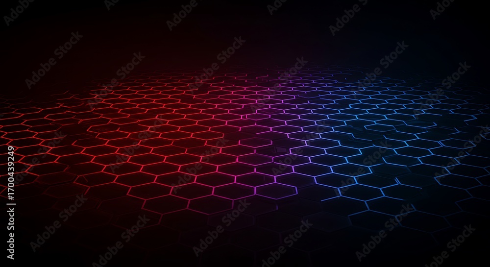 Poster abstract futuristic background with glowing hexagon pattern in red and blue tones creating a sense o