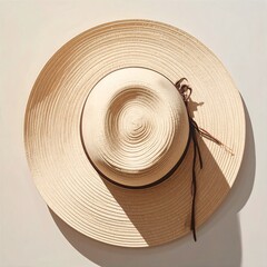 A light beige straw sun hat with a brown band and decorative trim, seen from above, against a neutral backdrop.
