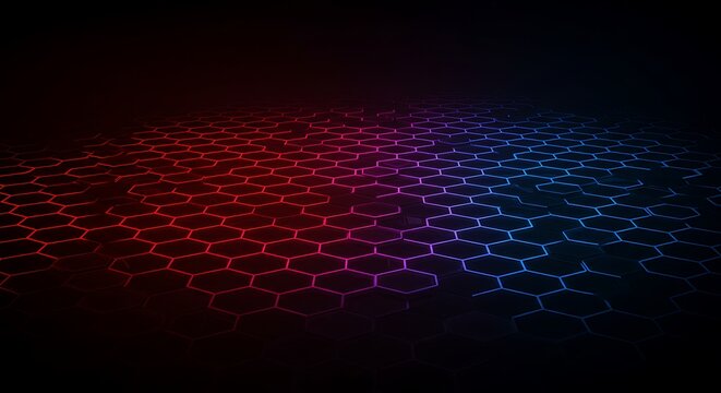 Abstract futuristic background with glowing hexagon pattern in red and blue tones creating a sense of depth and technological advancement