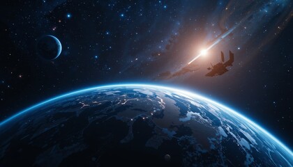 Naklejka premium Earth from space with glowing atmosphere, satellites and stars background World Space Week concept 