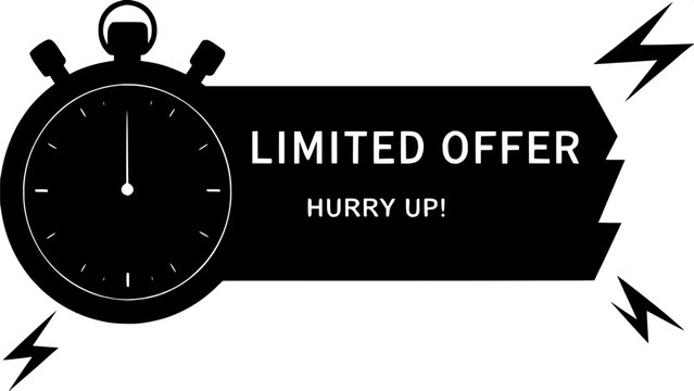 “Modern bold sale poster featuring a black stopwatch with red portion for limited time, positioned left side, countdown hands visible, strong text ‘LIMITED OFFER’ and ‘HURRY UP!’ in rectangular banner