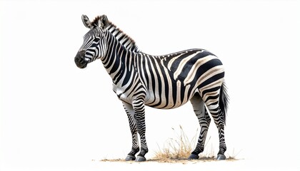 Fototapeta premium Zebra with black and white striped coat slender legs wild African animal isolated on white background 