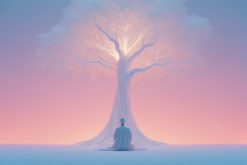 Lonely tree on the beach at sunset with sky and water background