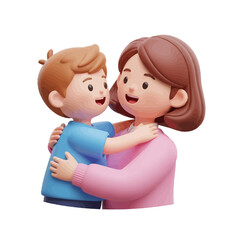 Cartoon mother and son hugging, 3D render of a loving embrace.