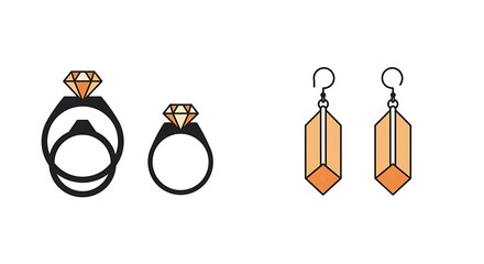Two rings and a pair of earrings, outlined in black, with a diamond-shaped gemstone in the center of each ring, and a geometric, peach-colored design for the earrings.