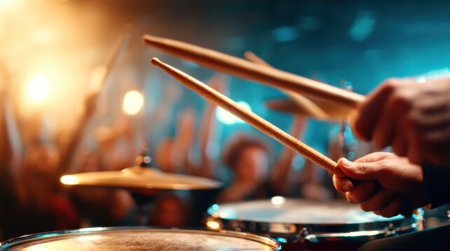 The intense energy of a live music performance is beautifully captured, focusing on a drummer poised to strike, surrounded by an enthusiastic crowd enjoying the beat. - Powered by Adobe