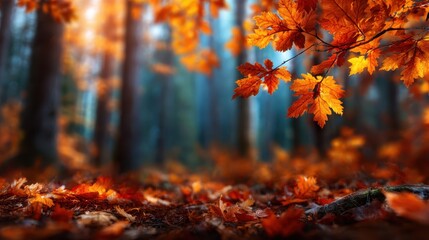 A breathtaking view of vibrant autumn leaves glowing amidst a misty forest backdrop, capturing the essence of change and beauty in nature's transition from summer to fall.