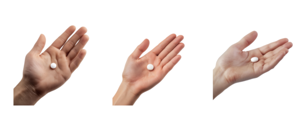 Collection of small, round pill resting in the palm of a hand, ready to be taken with water. full length isolate on transparent background