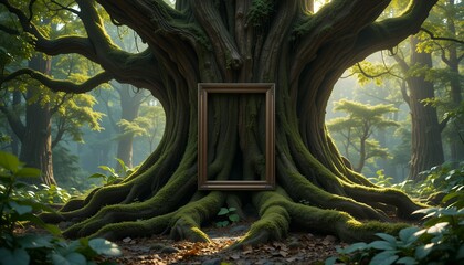 Mysterious ancient tree with empty frame surrounded by lush forest greenery and soft sunlight