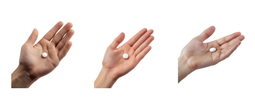 Collection of small, round pill resting in the palm of a hand, ready to be taken with water. full length isolate on transparent background