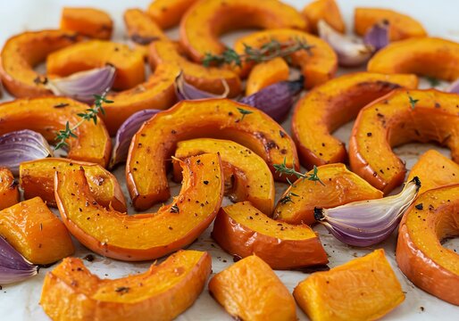 Roasted Butternut Squash with Red Onion and Thyme on Baking Tray, Healthy Autumn Dish
