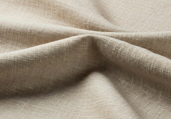 A close-up shot of natural beige linen fabric with a soft fold, showcasing its texture and weave.