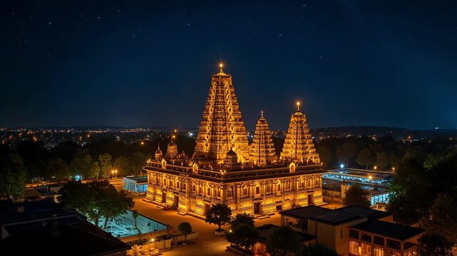 Experience the divine beauty of Sri Ranganatha Swamy Temple in Srirangam, Tamil Nadu, India at night in stunning 4k aerial footage