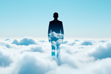 Silhouette of a man and woman standing on a beach at sunset, with clouds in the sky