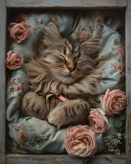 A charming cat wearing Victorian floral dress with ribbon posed gracefully in pastel frame accented by roses.