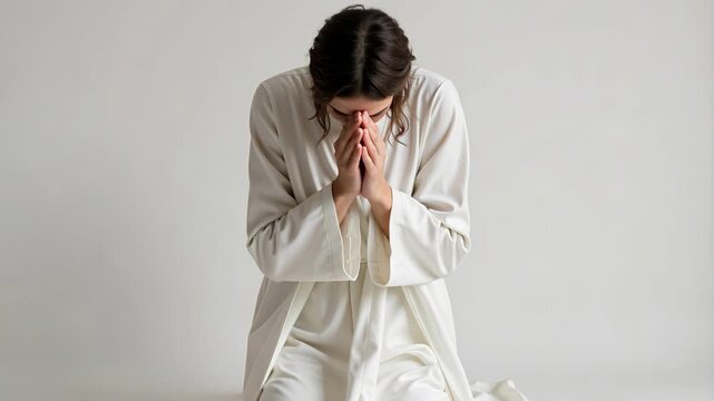 Spiritual awakening Praying in serene white robe Connecting with faith in quiet devotion Seeking inner peace in religious practice and reflection