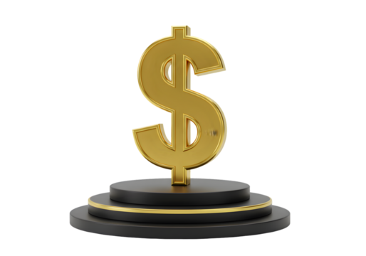 Golden Dollar Symbol on a Black Podium Isolated Transparent Background 3D Illustration