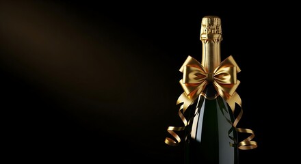 Luxurious Gold Ribbon Wrapped Champagne Bottle on Black Background