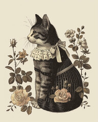 A cute Victorian Cat you have never seen in Floral Dress.